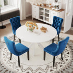RGZ Farmhouse White Round Dining Table Set for 4, 47'' Retro Rustic Circular Kitchen Table Set, 5 PCS Dinner Room Set with 4 Blue High-end Tufted Chairs, for Apartment, Home, Leisure