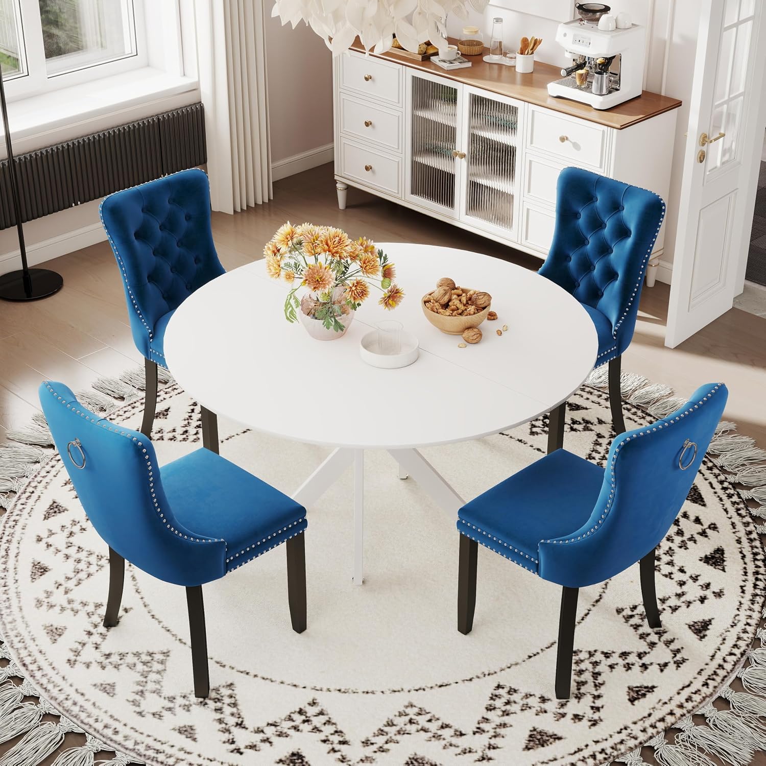 RGZ Farmhouse White Round Dining Table Set for 4, 47'' Retro Rustic Circular Kitchen Table Set, 5 PCS Dinner Room Set with 4 Blue High-end Tufted Chairs, for Apartment, Home, Leisure