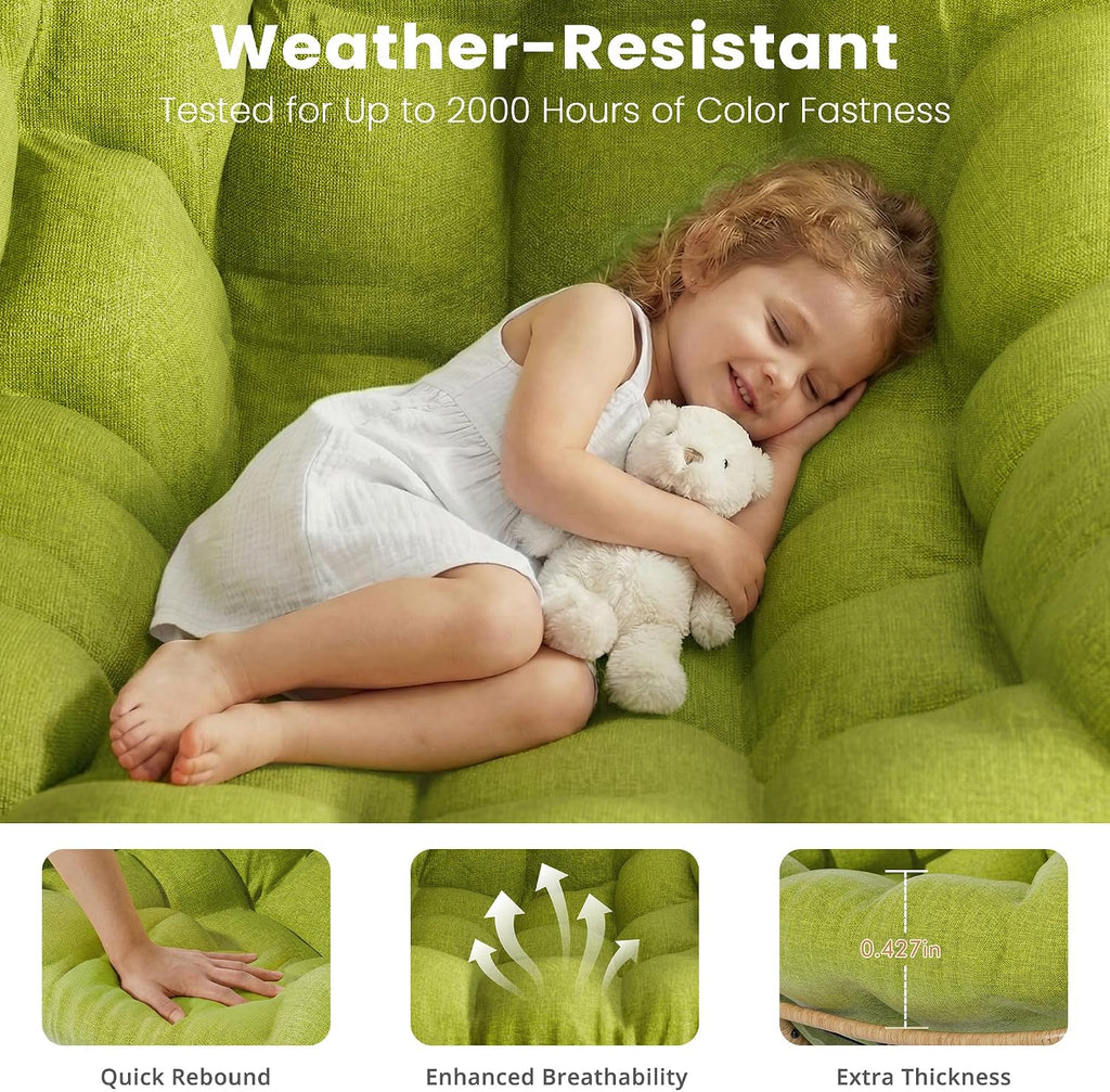 Easyego Oversized Papasan Rocking Chair with Ottoman for Indoor Outdoor Use, Comfortable Wicker Rocker with Cozy Thicken Cushion for Deck, Balcony, Poolside, Lawn, Bedroom, Living Room, Green