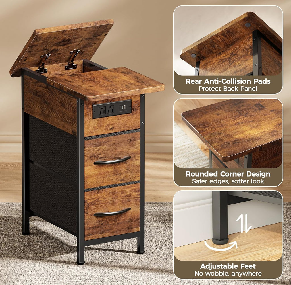 Huuger Narrow End Table with Charging Station, Flip Top Side Table with 2 Fabric Drawers, Slim Night Stand with USB-C Port for Small Spaces, Nightstand Bedside Couch Table, Living Room, Rustic Brown