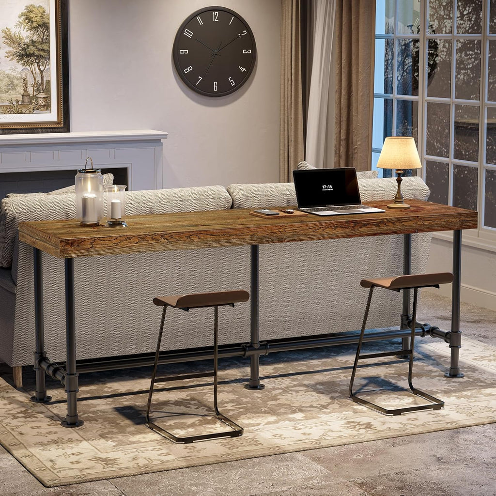 70.9-Inch Long Solid Wood Bar Table for 6-8 People, Industrial Narrow Counter Height Pub Table with Metal Footrest, Rectangular High Top Bar Unit for Kitchen Dining, Rustic Brown(Table Only)
