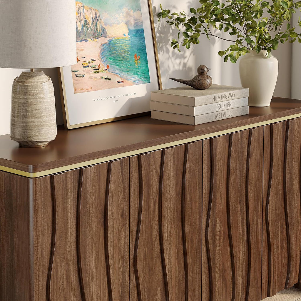 Vabches Fluted Buffet Cabinet with Storage, 3D Ripple Pattern Doors and Curved Edges, Modern Sideboard for Kitchen, Entryway, 4 Doors & Adjustable Shelf, Walnut, 57.9" W