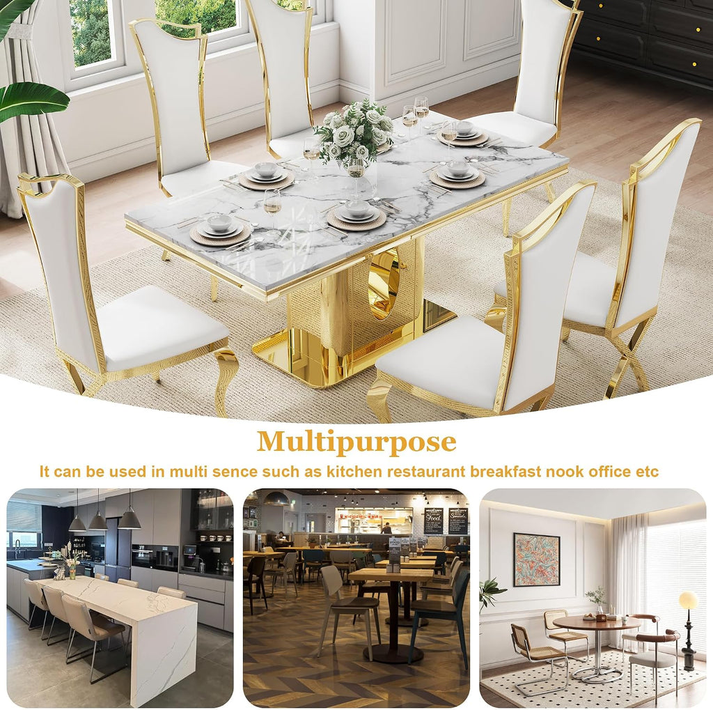 7-Piece Modern White Marble Dining Table Set, 70" Rectangular Kitchen Table with 6 High Backrest Chairs, Dining Room Set for 6 with Gold Stainless Steel Base for Dining Room