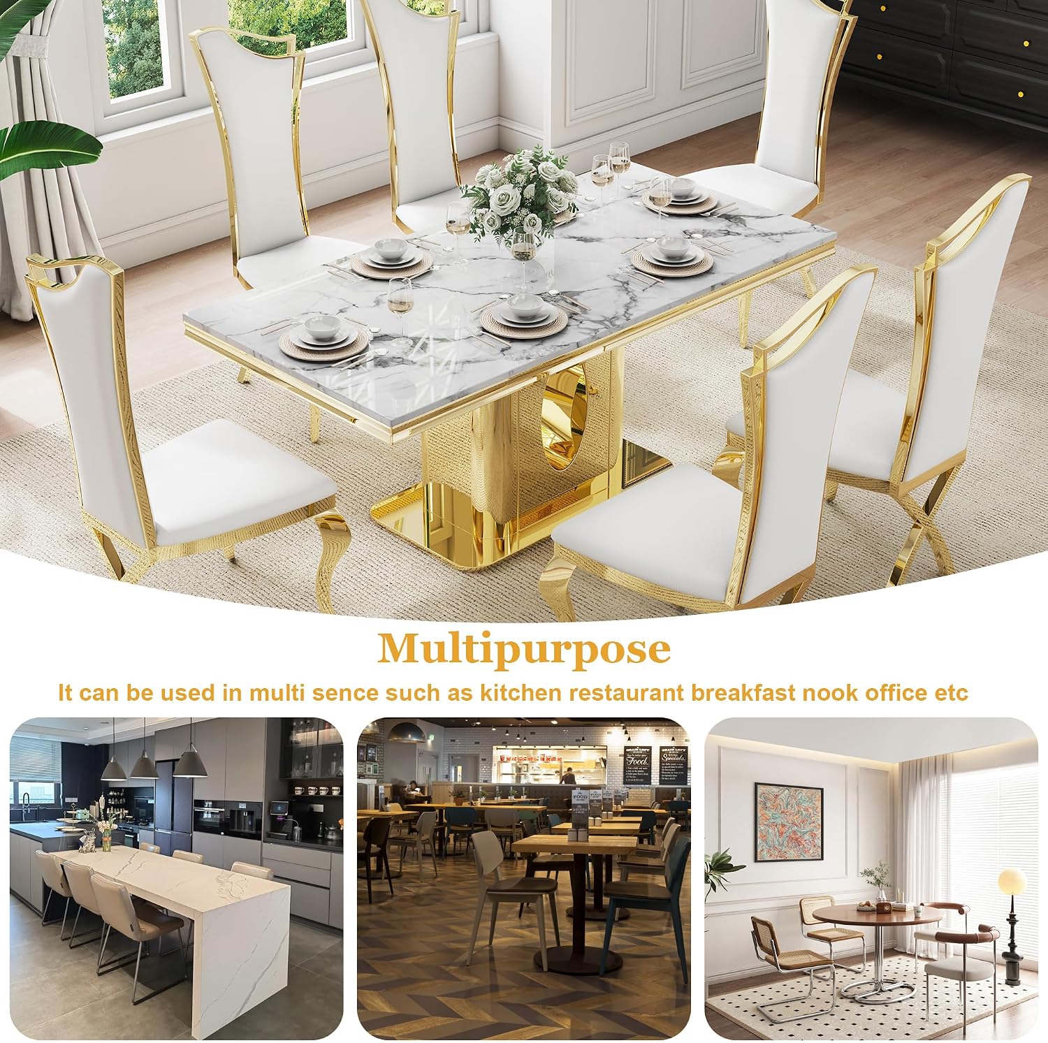 7-Piece Modern White Marble Dining Table Set, 70" Rectangular Kitchen Table with 6 High Backrest Chairs, Dining Room Set for 6 with Gold Stainless Steel Base for Dining Room