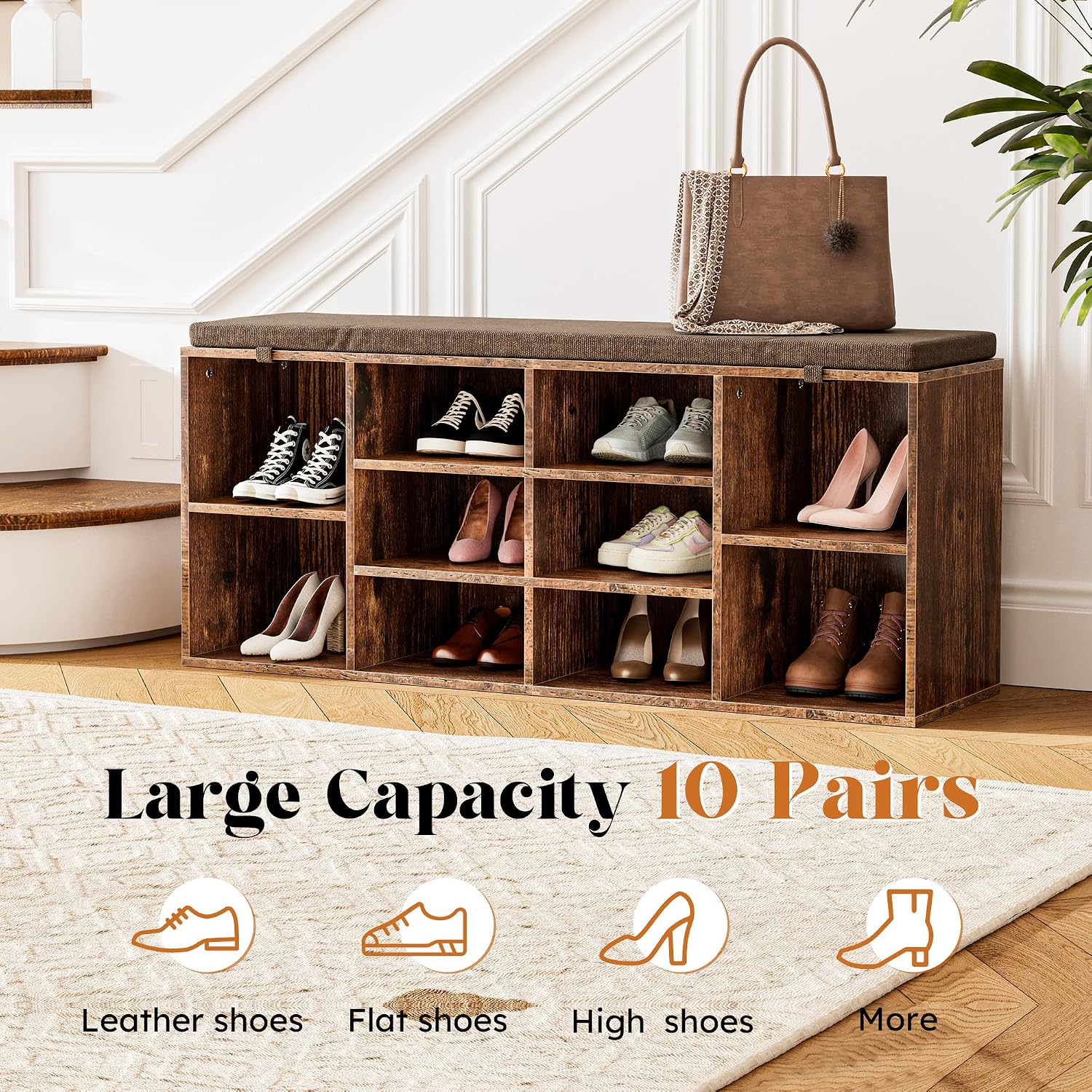 Shoe Storage Bench, 41" Entryway Organizer with Cushion, Brown | 10 compartments, heavy duty engineered wood, removable cushion, spacious family entryway organizer