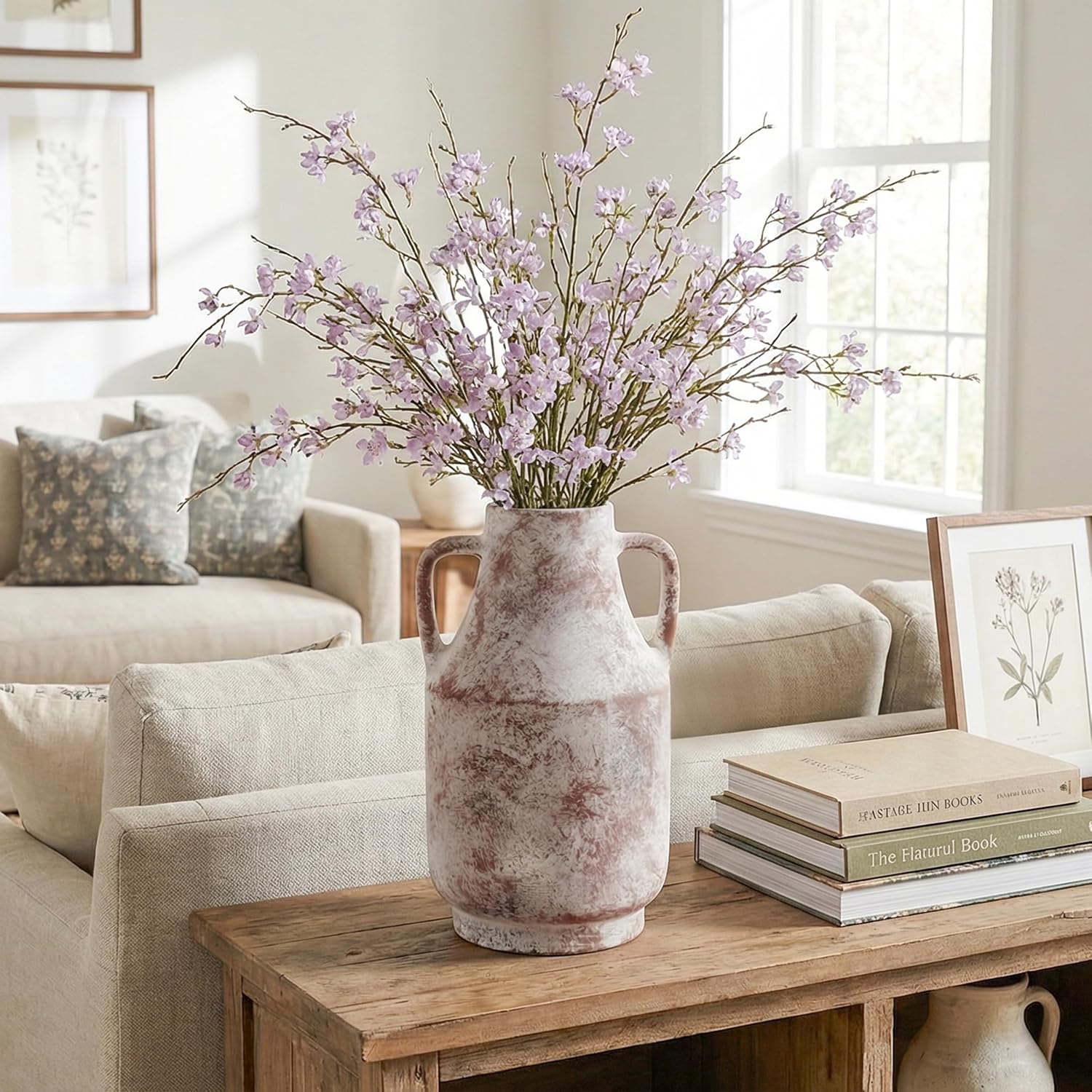 Ceramic Flower Vase with Handles, 11 in Tall Rustic Farmhouse Pottery Vases Decorative Large Vases for Living Room Entryway Kitchen Table Centerpieces Home Decor,Neutral