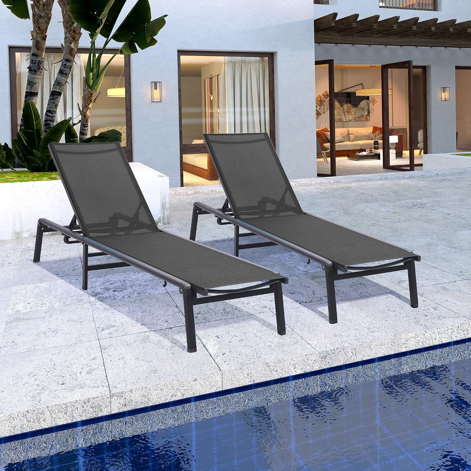 Murago Outdoor Chaise Lounge Chair Set of 2, Foldable Lightweight Patio Lounge Chair with Assembly-Free, 5-Position Adjustable Backrest, Pool Lounge Chairs for Poolside, Beach, Patio, Lawn, Dark Grey