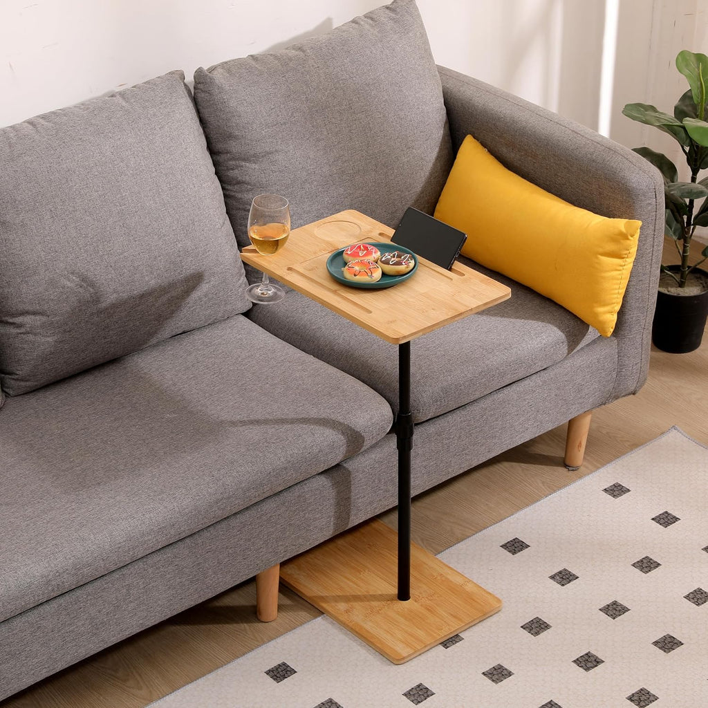 Bamboo Couch Tray Table Height Adjustable C-Shaped End Table with Slots 2 Tier Sofa Side Table for Living Room & Bedroom -Rectangle + Rectangle