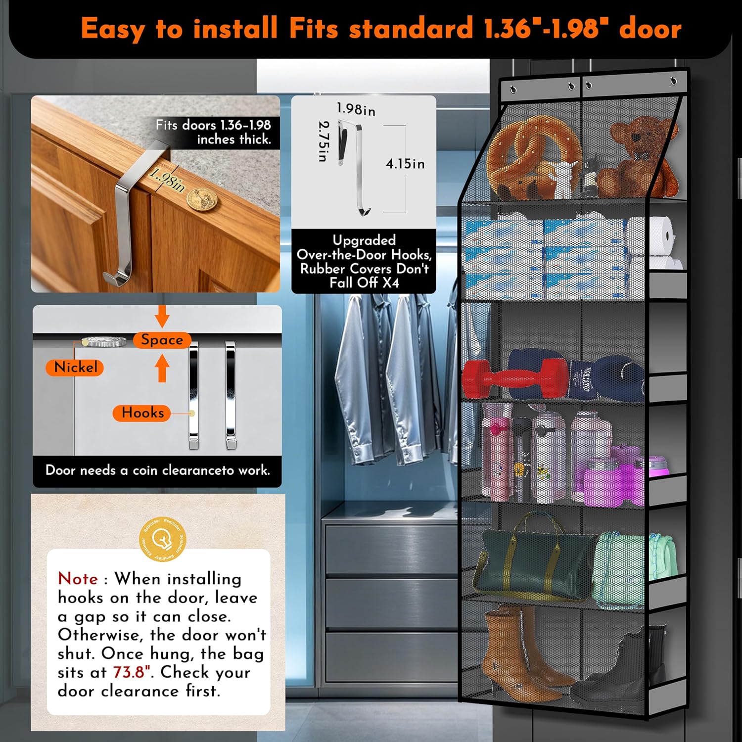 PAULONE 6-Tier Over Door Organizer 71" Tall – Hanging Storage with 2 Sizes of Large Deep Pockets (24.3" W x 8.9" D), 98 lbs Capacity, for Bedroom Closet, Bathroom, Nursery & Kitchen