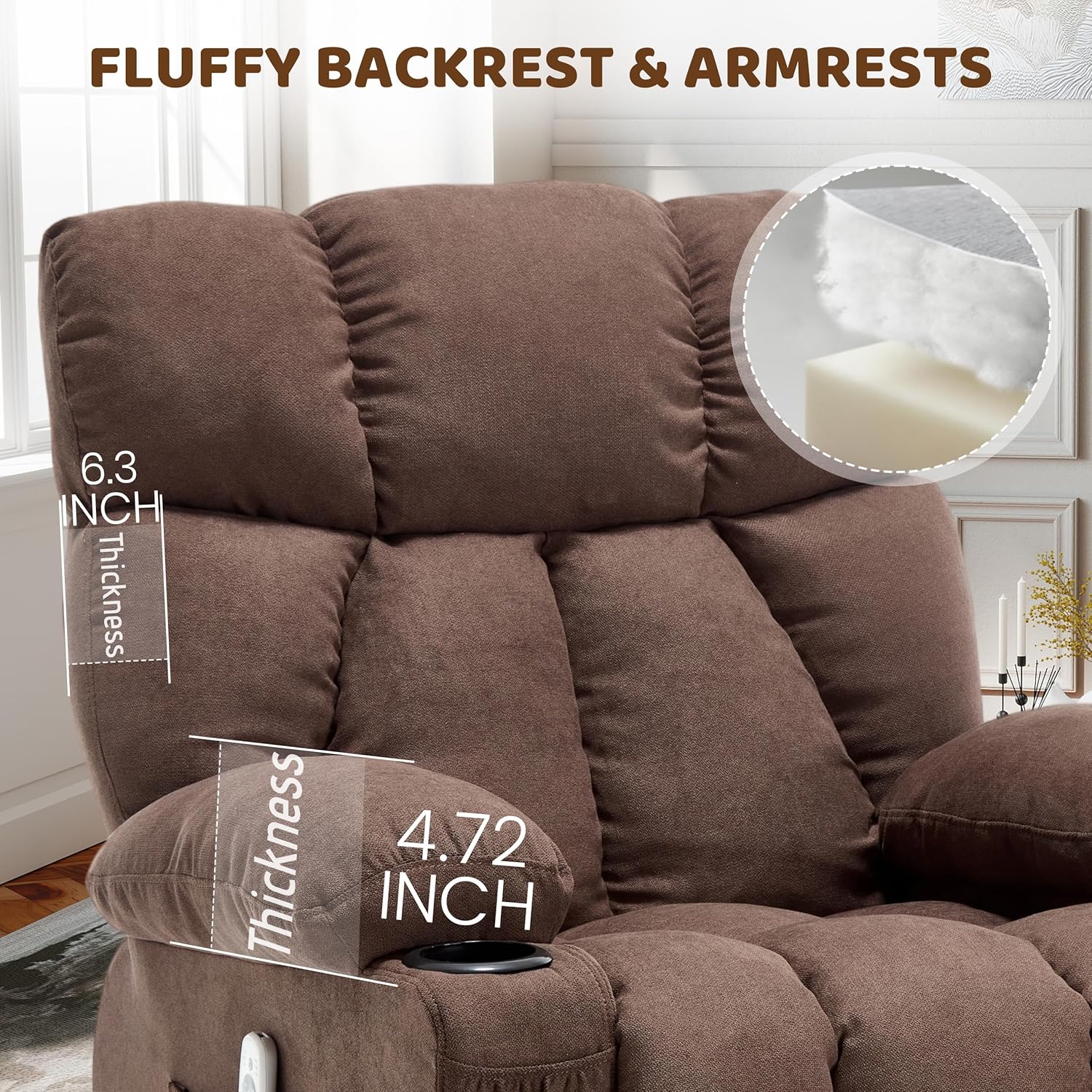 Massage Rocking Recliner Chair, Ergonomic Recliners Sofa with Vibration Massage & Heat, Rocking Chair Nursery Chair for Living Room Lounge with 4 Pockets, 2 Cup Holders, USB Charge Port, Brown