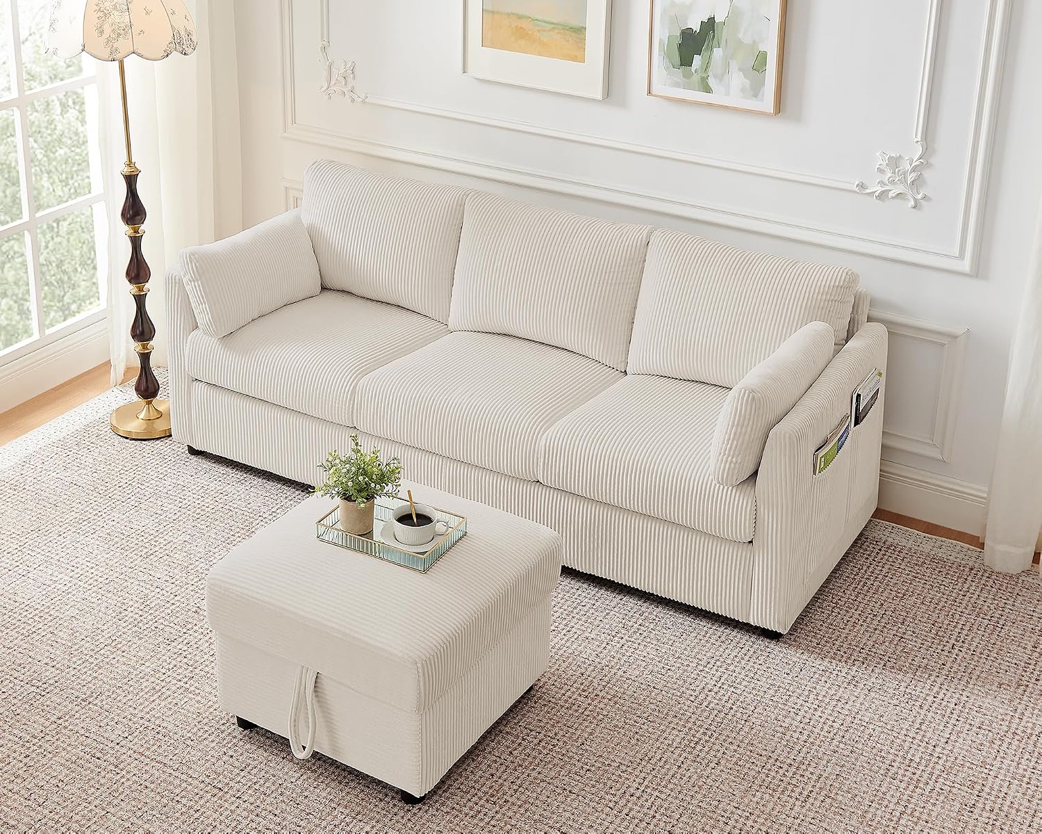 Corduroy Storage Ottoman for Living Room Sofas Couches, Square Ottoman with Storage Space Foot Rest Stool for Apartment, Dorm, Entryway, Beige