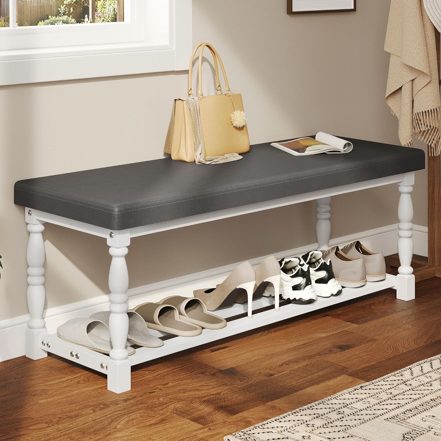YITAHOME 48 Inch Entryway Bench, Storage Bench with Metal Shelf & Cushioned Seat, Indoor Shoe Rack Bench Seat for Dressing Room, Bedroom, Hallway, Entrance, Grey & White