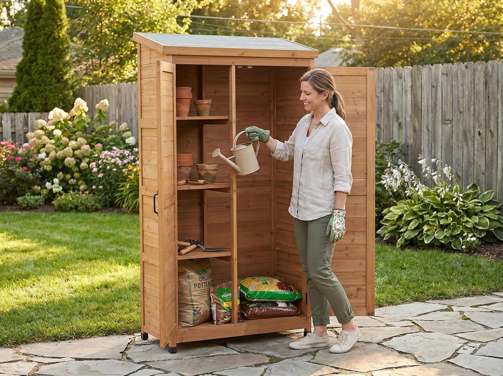 Outdoor Metal Top Wooden 3 Adjustable Shelves Storage Sheds Garden(Light Brown)