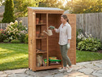 Outdoor Metal Top Wooden 3 Adjustable Shelves Storage Sheds Garden(Light Brown)