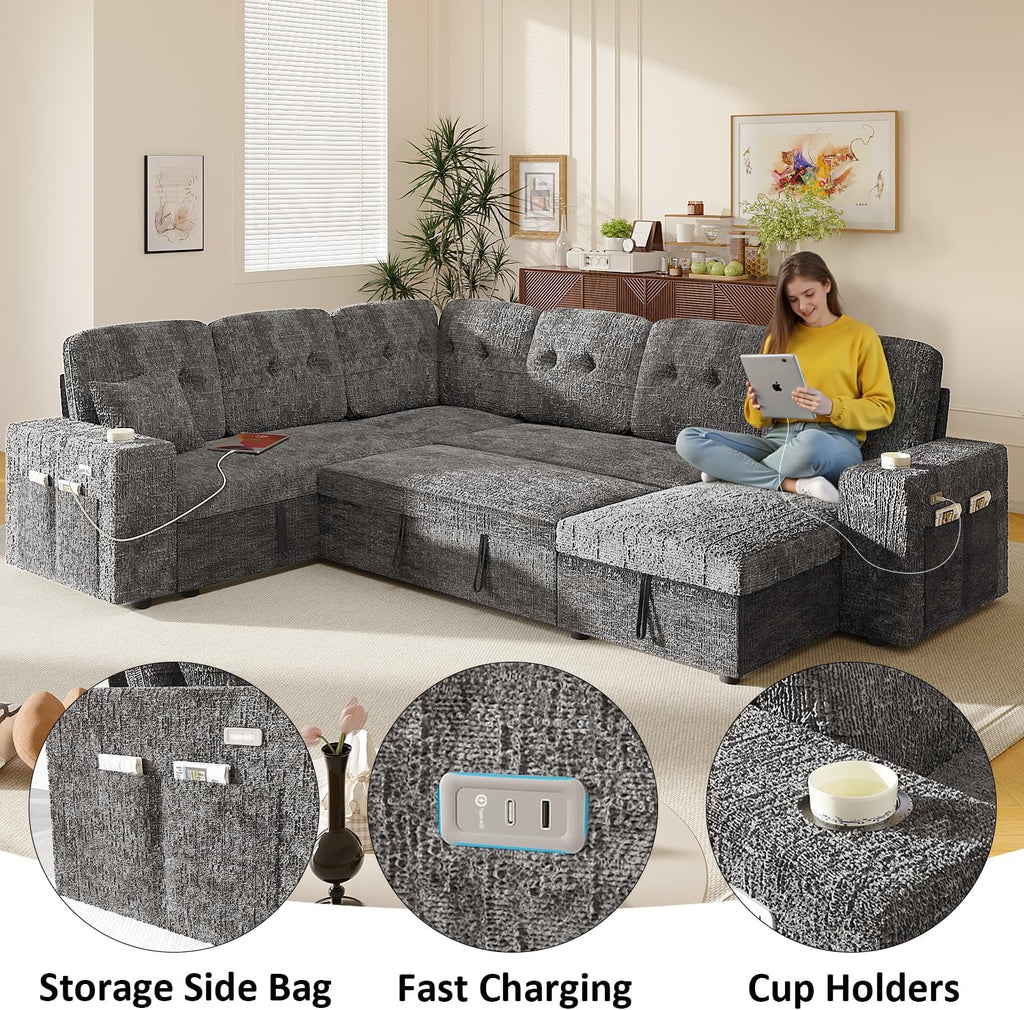 Modular Sectional Sleeper Sofa with Pull Out Bed, 108 Inch U Shaped 7 Seat Couches for Living Room, Chenille Fabric Cloud Couch Bed with Storage & Reclining Backrest, USB Charging, Grey