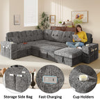 Modular Sectional Sleeper Sofa with Pull Out Bed, 108 Inch U Shaped 7 Seat Couches for Living Room, Chenille Fabric Cloud Couch Bed with Storage & Reclining Backrest, USB Charging, Grey