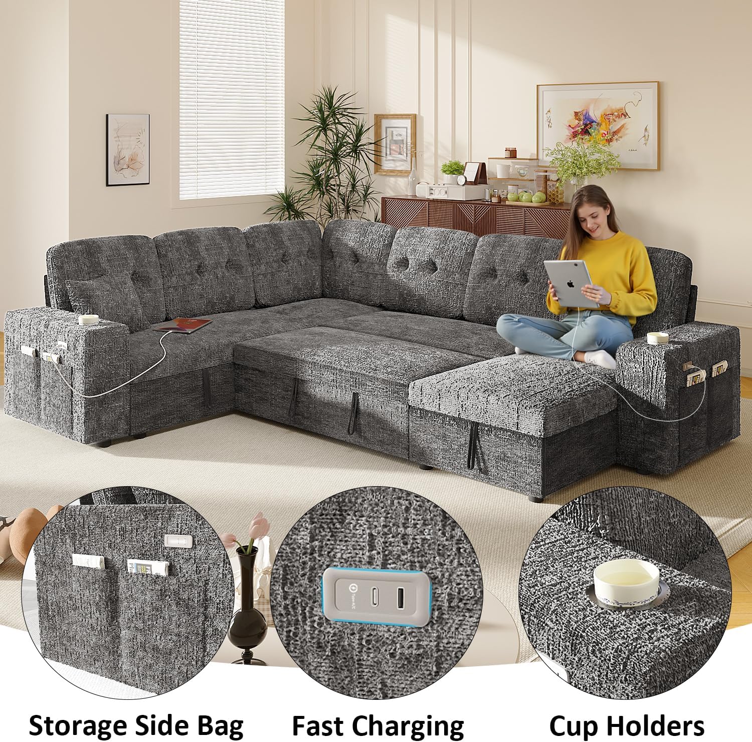 Modular Sectional Sleeper Sofa with Pull Out Bed, 108 Inch U Shaped 7 Seat Couches for Living Room, Chenille Fabric Cloud Couch Bed with Storage & Reclining Backrest, USB Charging, Grey