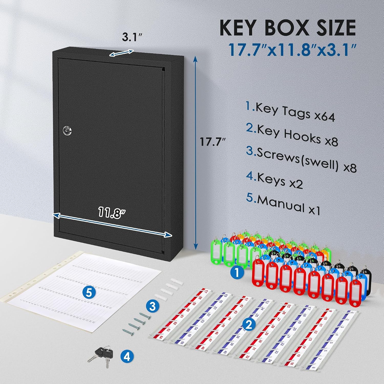 ORIENTOOLS Key Box Steel Key Safe Cabinet, Wall Mount Key Holder Lock Box with Key Tags, Key Organizer Ideal for Home, Hotels, Valets and Office Key Storage (64 Keys, Black)