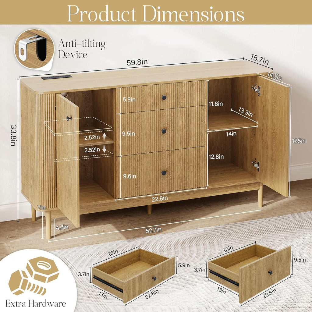 59" Buffet Cabinet with Drawers, Large Fluted Sideboard Buffet Storage Cabinet with Charging Station, Shelves and Doors, Modern Accent Coffee Bar Console Table for Kitchen, Entryway and Living Room