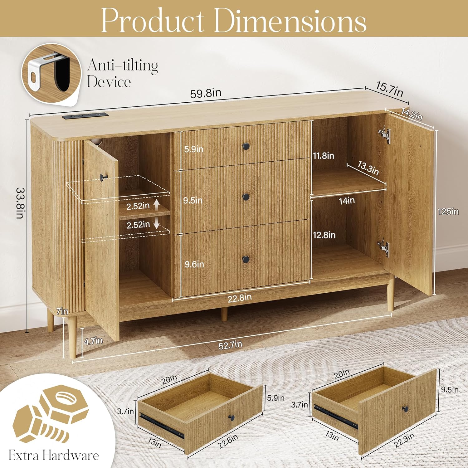 59" Buffet Cabinet with Drawers, Large Fluted Sideboard Buffet Storage Cabinet with Charging Station, Shelves and Doors, Modern Accent Coffee Bar Console Table for Kitchen, Entryway and Living Room