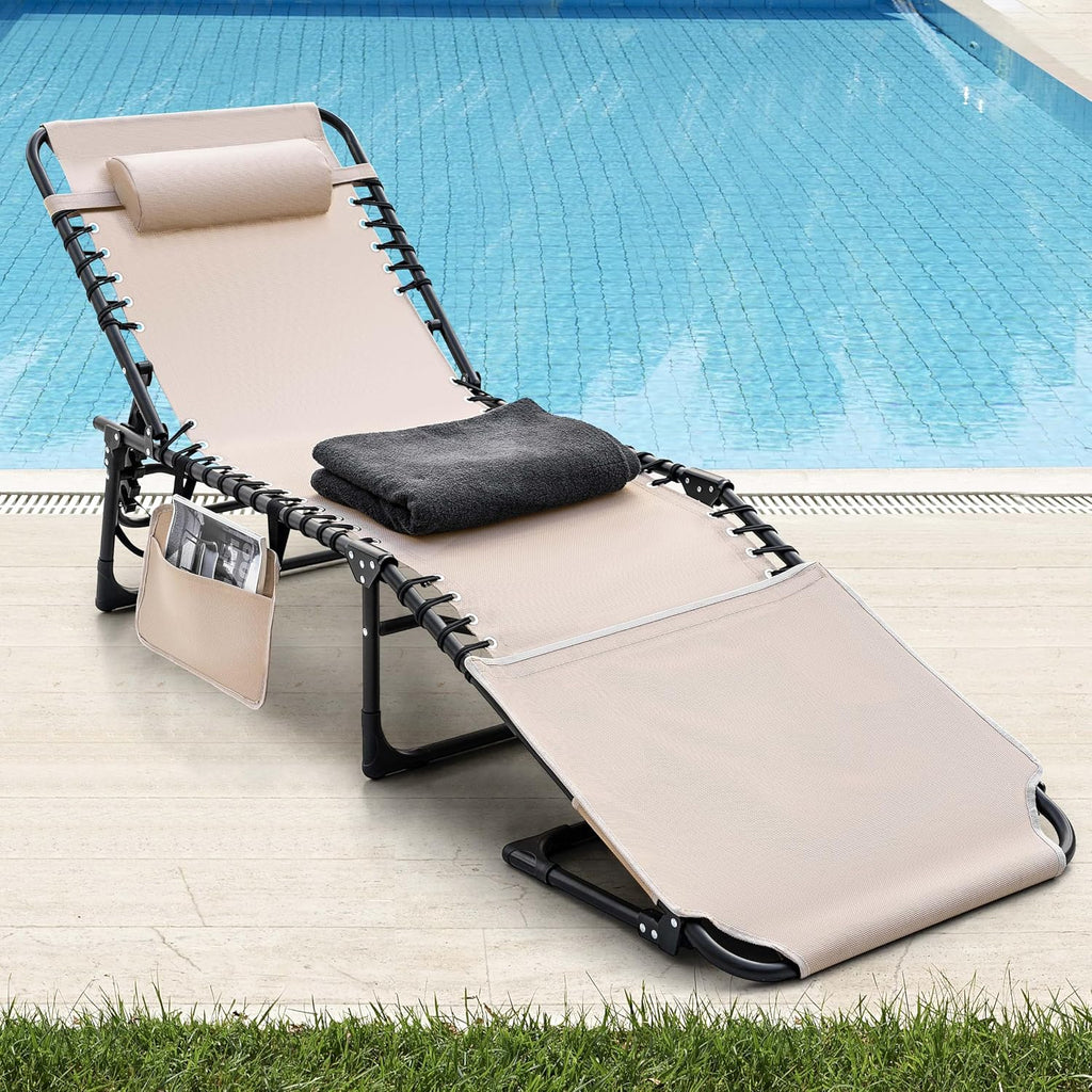 NUU GARDEN Outdoor Foldable Chaise Lounge Chairs, Tanning Chair with Face Hole and Pillow 5-Position Reclining Oxford Fabric - Portable for Beach, Poolside, Patio Camping (Khaki)