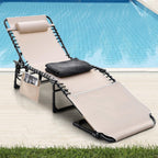 NUU GARDEN Outdoor Foldable Chaise Lounge Chairs, Tanning Chair with Face Hole and Pillow 5-Position Reclining Oxford Fabric - Portable for Beach, Poolside, Patio Camping (Khaki)
