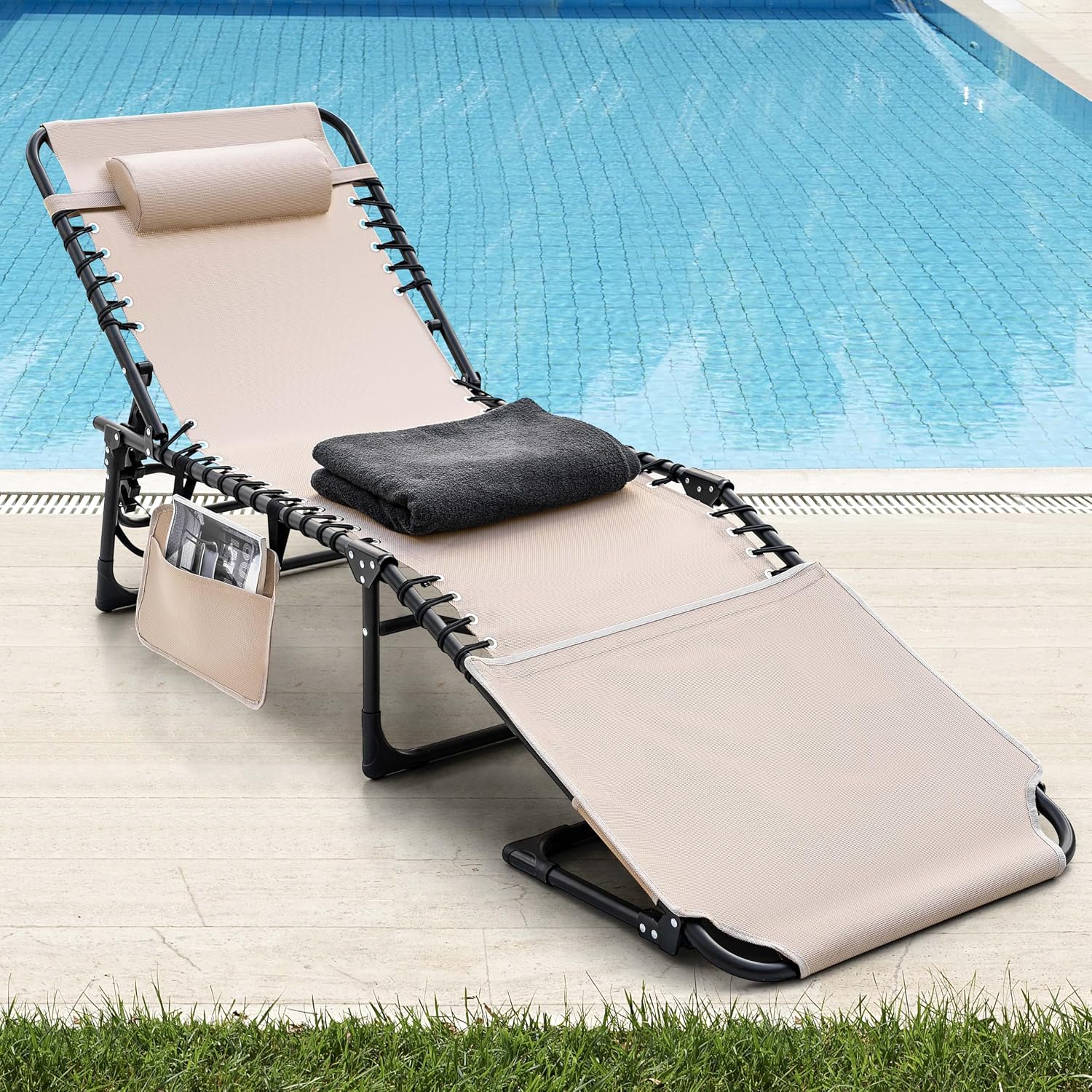 NUU GARDEN Outdoor Foldable Chaise Lounge Chairs, Tanning Chair with Face Hole and Pillow 5-Position Reclining Oxford Fabric - Portable for Beach, Poolside, Patio Camping (Khaki)