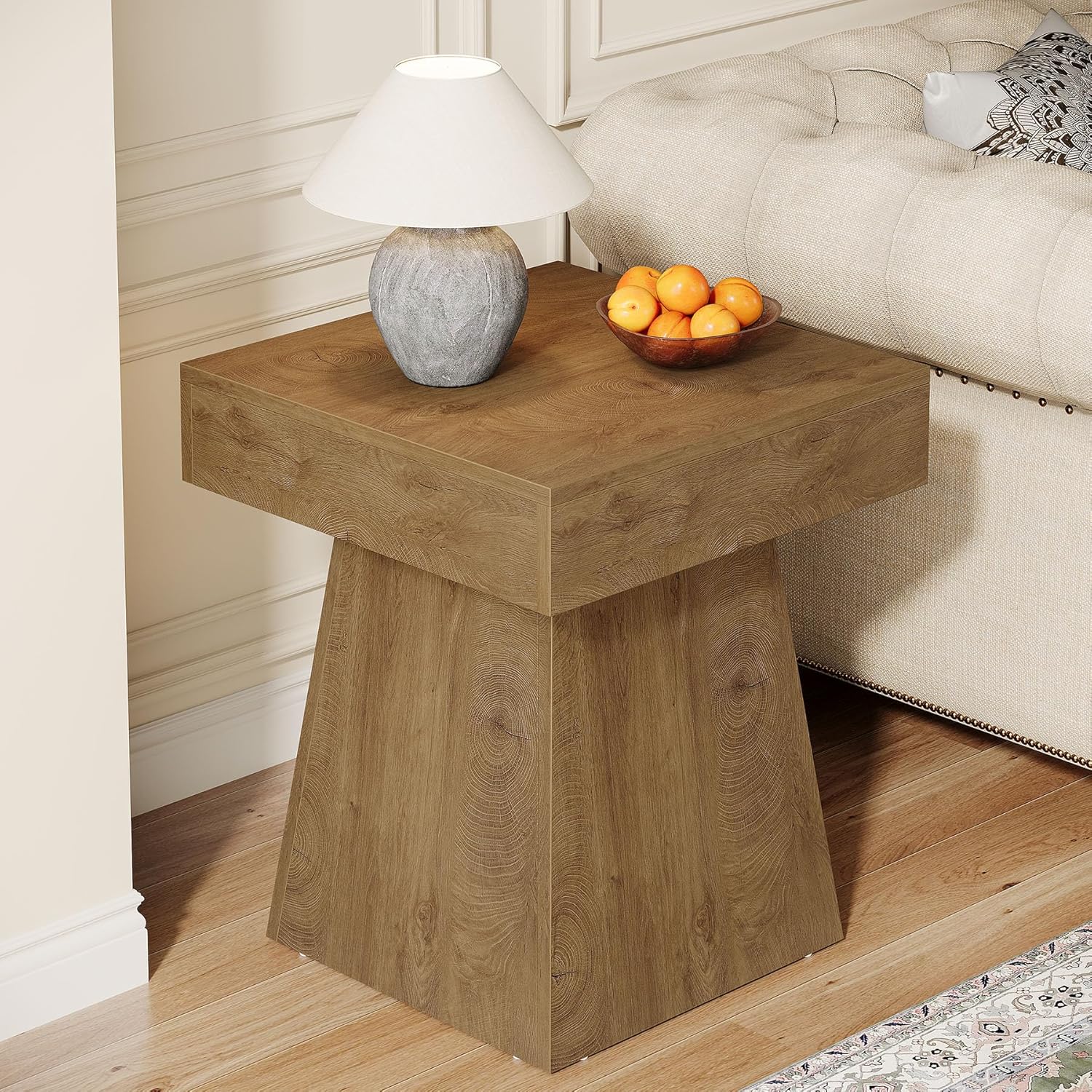 Tribesigns Small End Table, Rustic Square Side Table with Wide Base, Farmhouse Small Nightstand Beside Bed, Next to Armchair, for Living Room, Light Brown