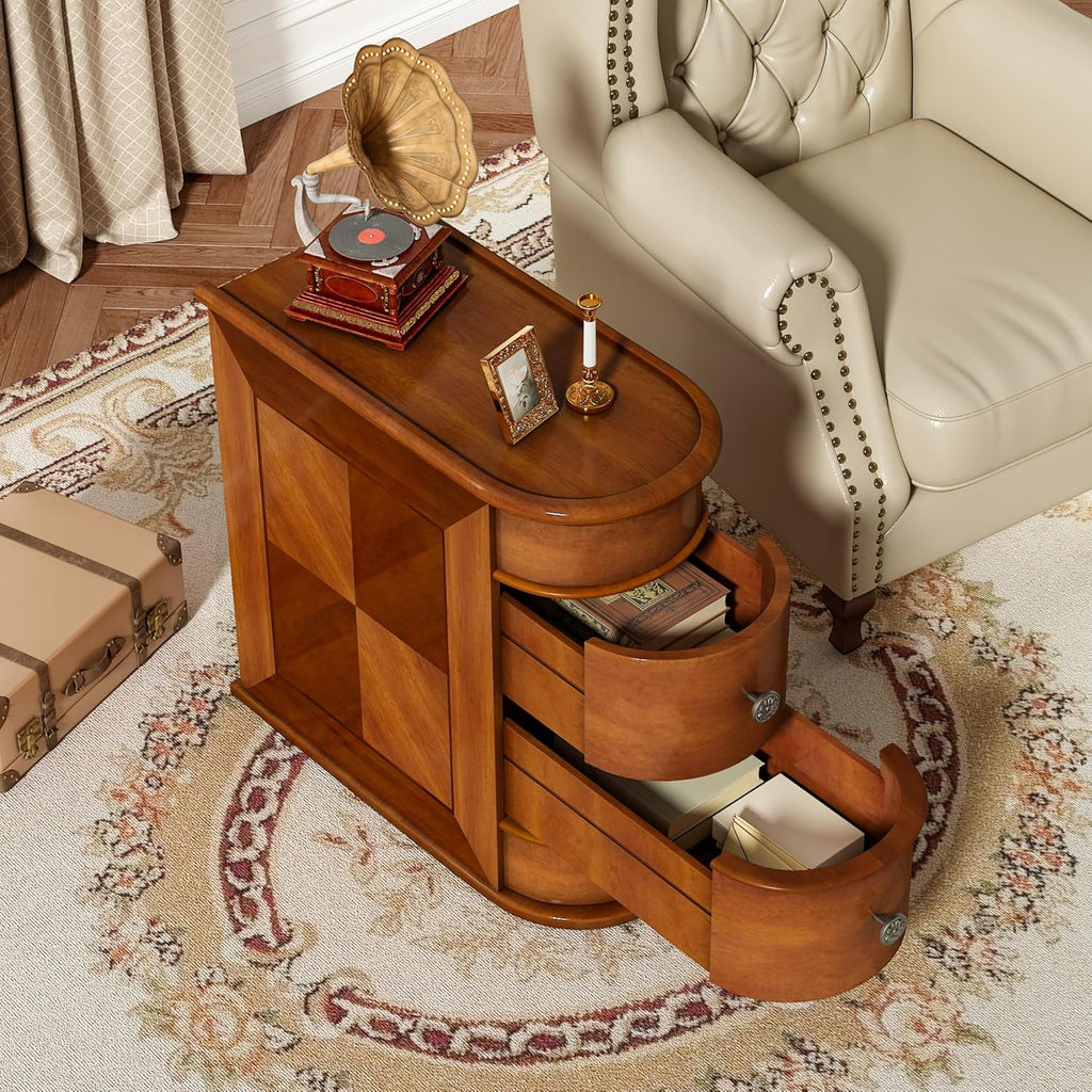 Pipleo Wood End Table with 2 Drawers, No Assembly Required Small Side Table, Vintage Wood Narrow Sofa Side Table for Living Room, Bedroom and Small Space (1-Pack)