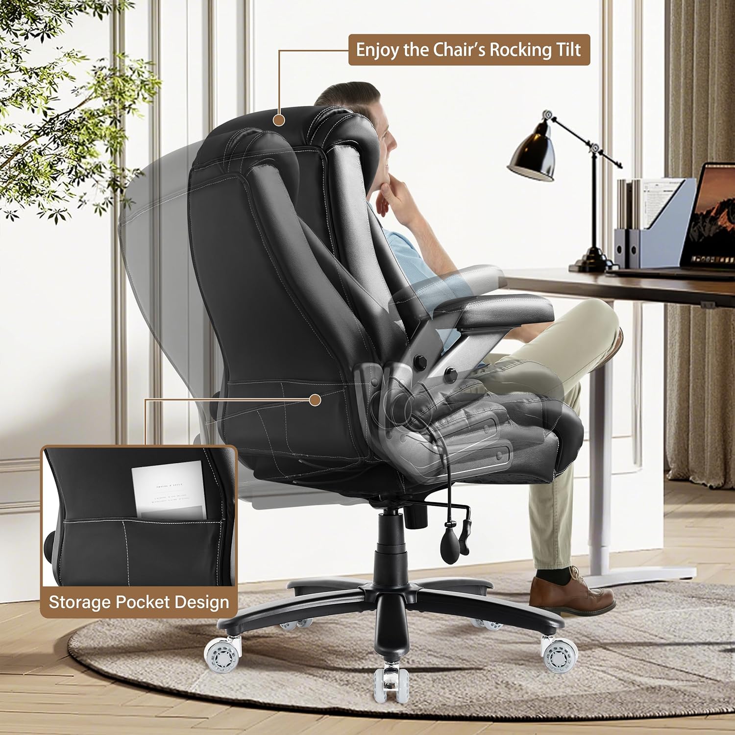 700lbs Big and Tall Office Chair, Ergonomic Heavy Duty Executive Cloth Office Chair with 5D Flip Arms & Adjustable Lumbar Support & Dual Rubber Wheel, Large Thick Padded Extra Wide Seat, Black