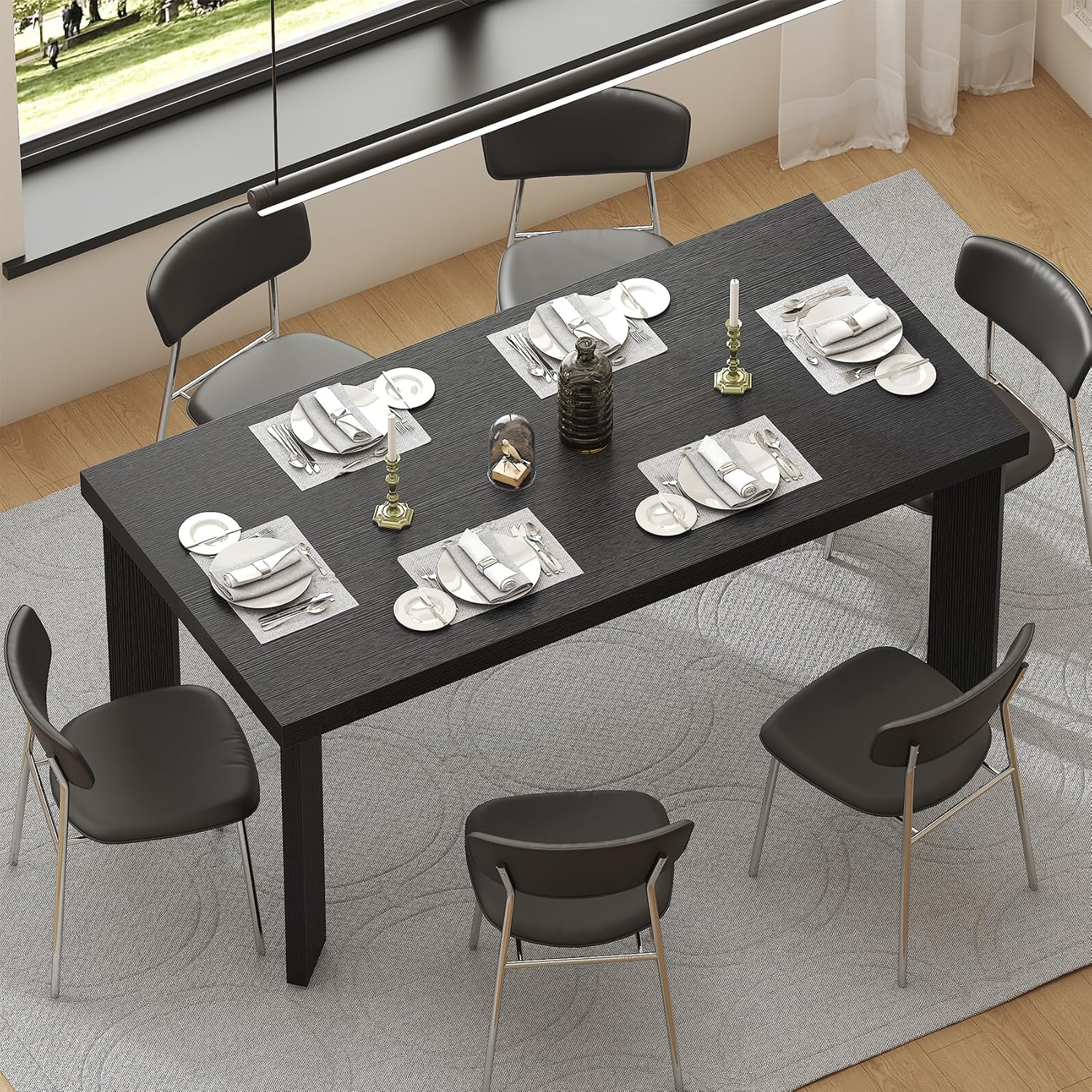 Bigbiglife 63 Inch Dining Table for 6, Indoor Outdoor Dining Table with Wood Legs, Kitchen Table with Large Tabletop, Rectangular Dinner Table for Dining Room, Living Room, Kitchen, Black