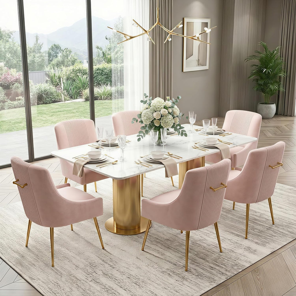 Dining Chairs,Modern Living Room Chairs, Velvet Upholstered Dining Room Chairs with Gold Legs,Tufted Accent Chair Set of 6 for Reception Room Bedroom Study Room(Pink)