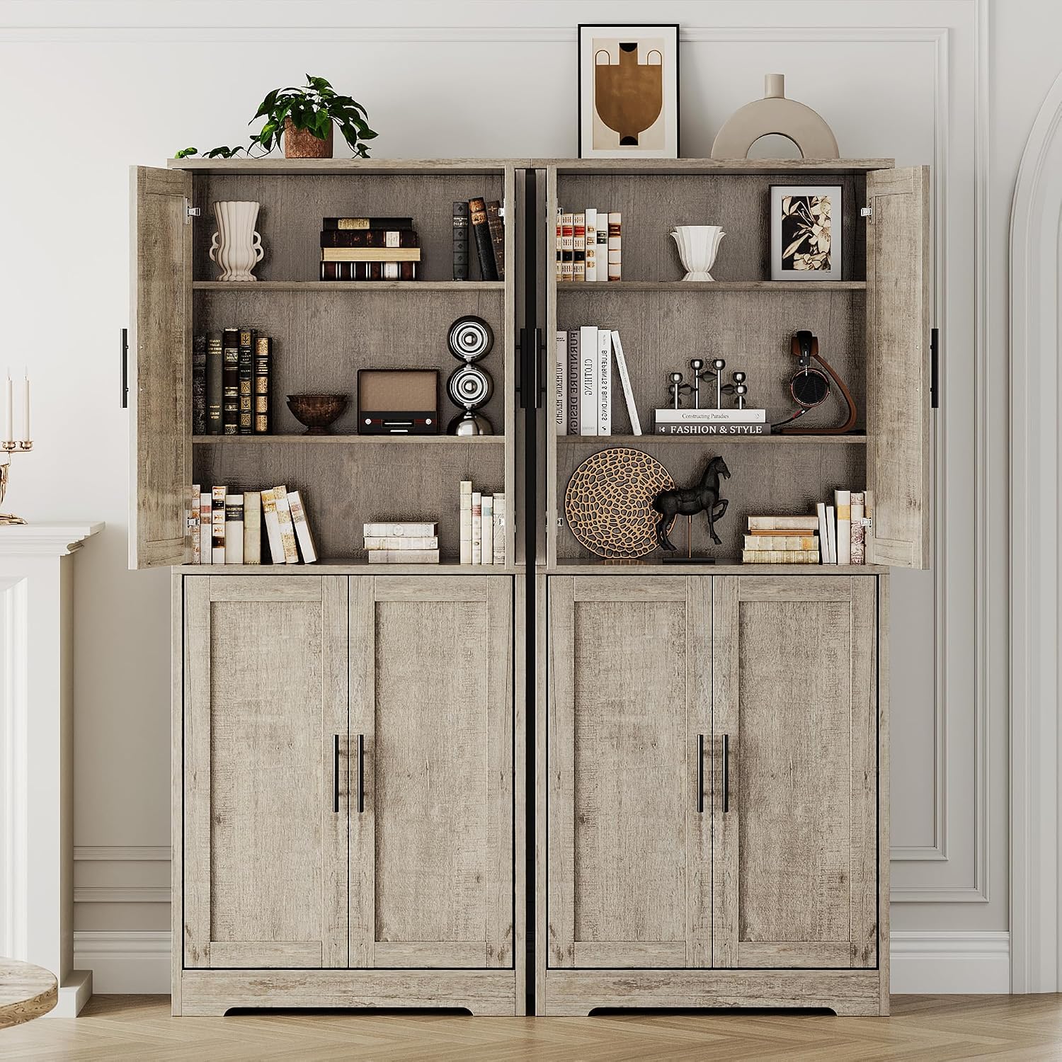 Takywep Modern Tall Freestanding Pantry Cabinet 70", Storage Cupboard with 4 Doors, Adjustable Shelves & Open Shelf, Multipurpose Home Organizer for Living Room, Kitchen, Dining Room, Gray