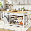 Kitchen Island with Storage and Seating Include 2 Bar Stools, 47" Solid Rubberwood Top Kitchen Island with Trash Can Storage, Power Outlet, 2 Drawers & Open Shelves Cabinet, Dining Table for 2, White