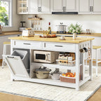 Kitchen Island with Storage and Seating Include 2 Bar Stools, 47" Solid Rubberwood Top Kitchen Island with Trash Can Storage, Power Outlet, 2 Drawers & Open Shelves Cabinet, Dining Table for 2, White
