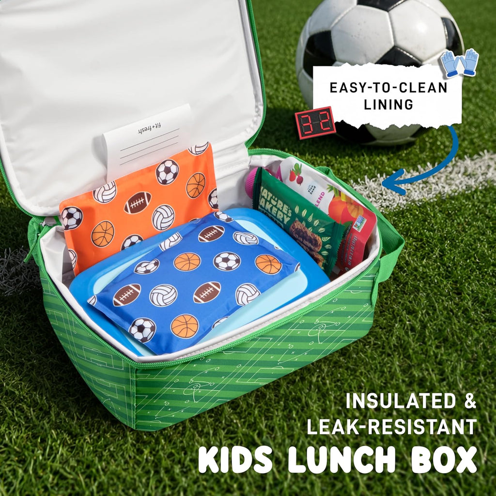 Fit & Fresh Customizable Charm Lunch Bag for Boys & Girls, Soccer Kids Lunch Box with 6 Sports Charms, Premium Insulated Reusable Lunch Tote for School