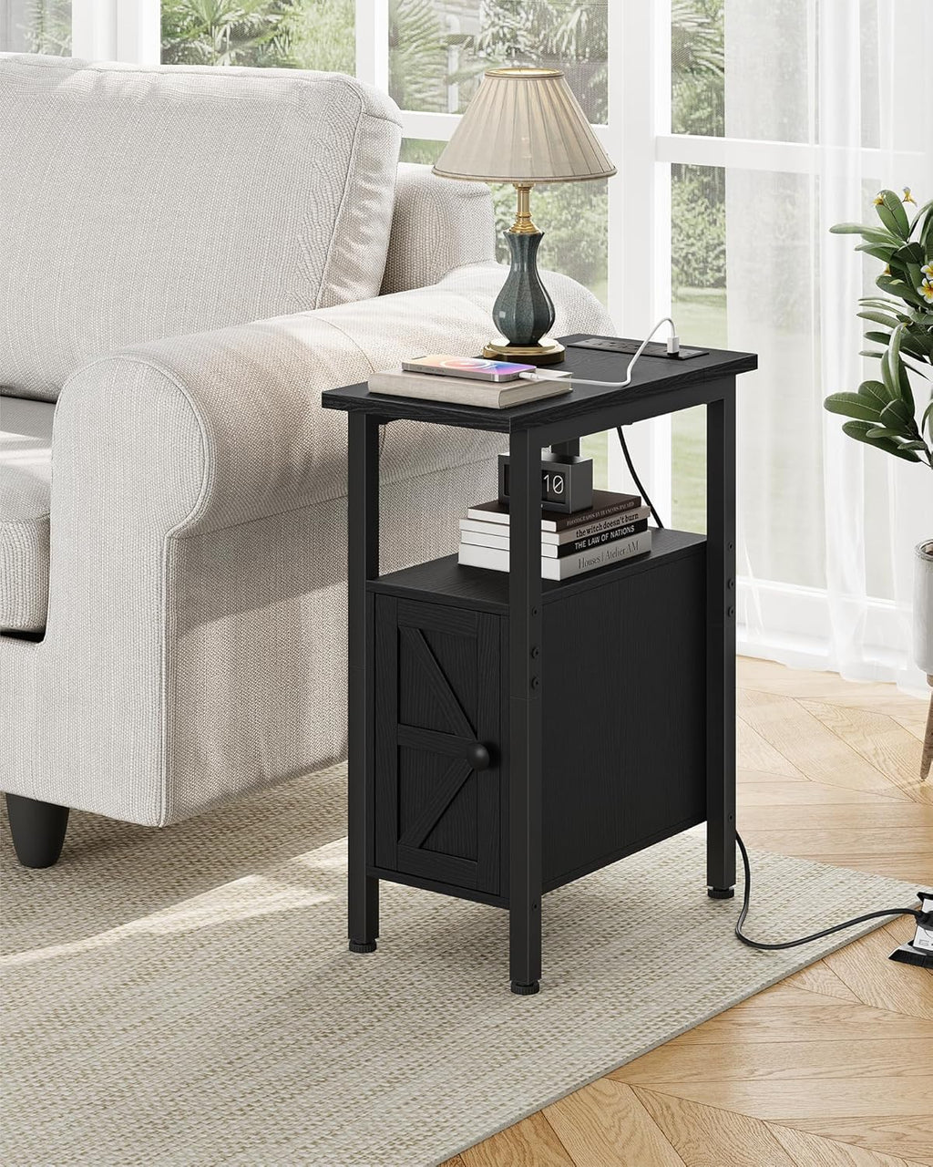 CHOEZON Farmhouse End Table, Narrow Side Table for Small Spaces, Slim Nightstand with Charging Station, with 2 AC Outlets, 1 USB and 1 Type-C Port, for Living Room, Bedroom, Black TBZ08UBB