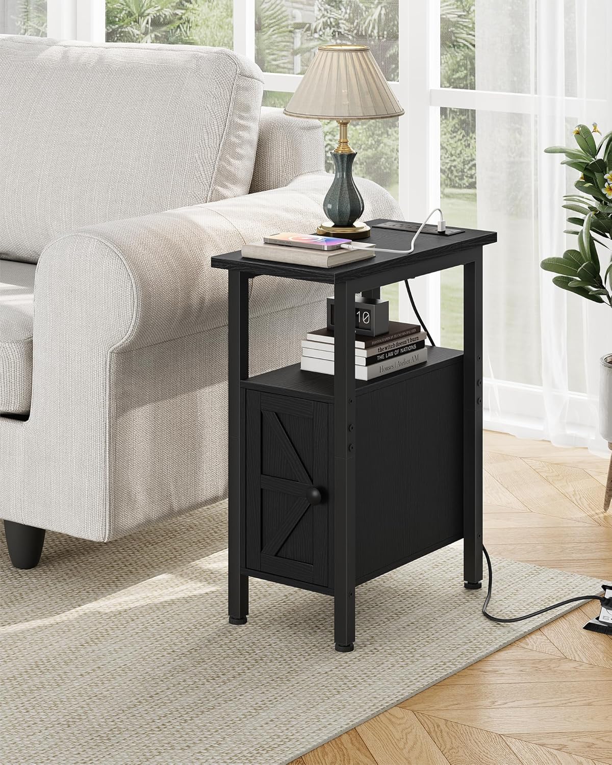 CHOEZON Farmhouse End Table, Narrow Side Table for Small Spaces, Slim Nightstand with Charging Station, with 2 AC Outlets, 1 USB and 1 Type-C Port, for Living Room, Bedroom, Black TBZ08UBB