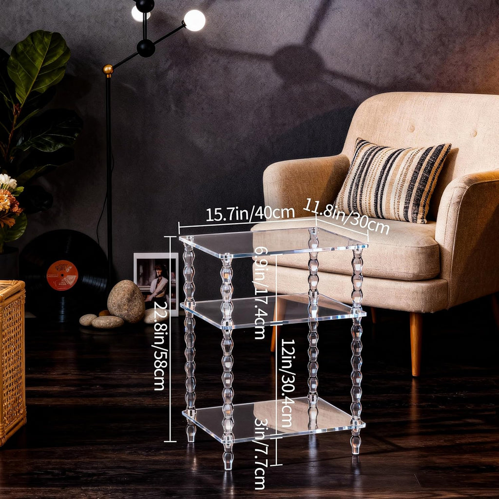 Acrylic Side Table Clear 3-Tier End Table for Living Room, Office, Hallway, Bedroom,Bathroom (Clear, Nomal)
