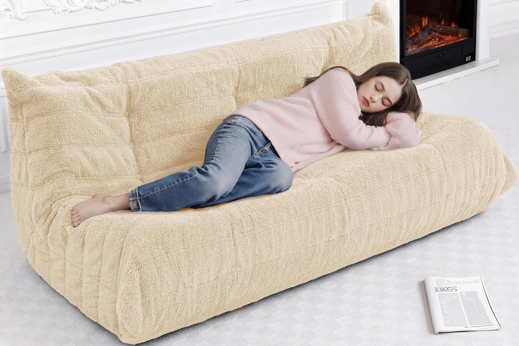 Bean Bag 3-Seater Chair Big Sofa Beanbag Chair for Adults Fireside Chair Bean Bag Lounger with Memory Foam Filled for Home,Apartment or Gaming Venue（Khaki Teddy）