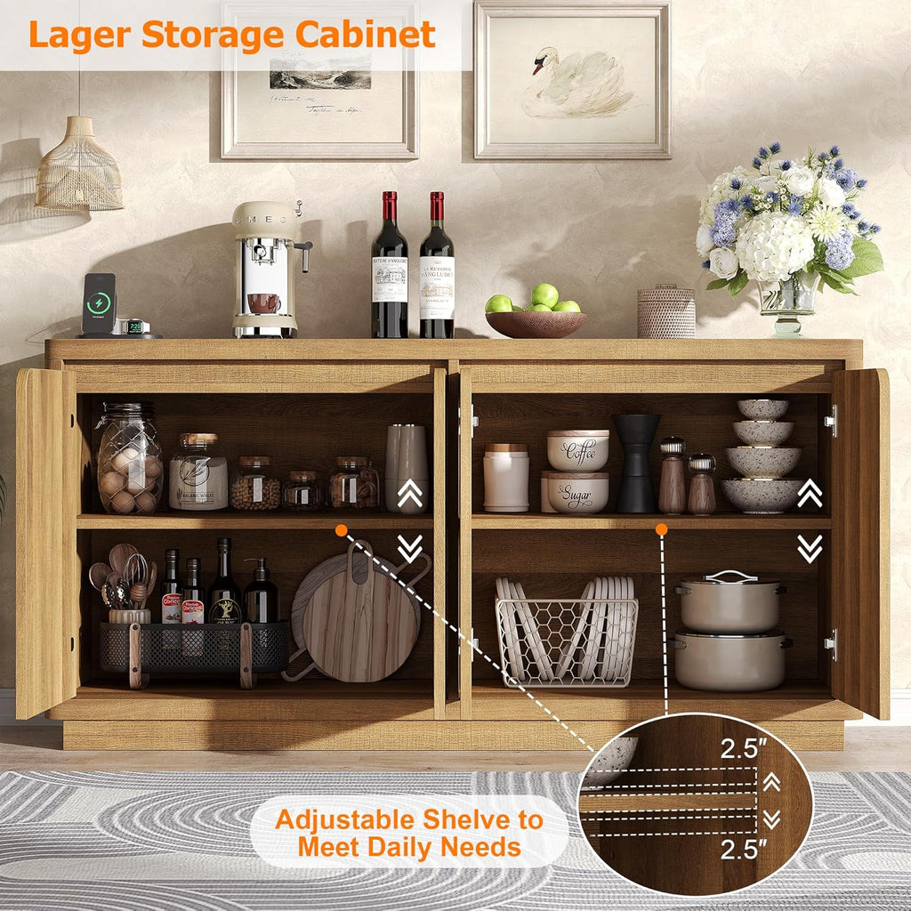 knoworld Buffet Cabinet with Storage, Outlet & Adjustable Shelves, Sideboard Cabinet with Double-Arc Doors, Classic Modern Wood Console Table & Credenza for Dining Room & Entryway