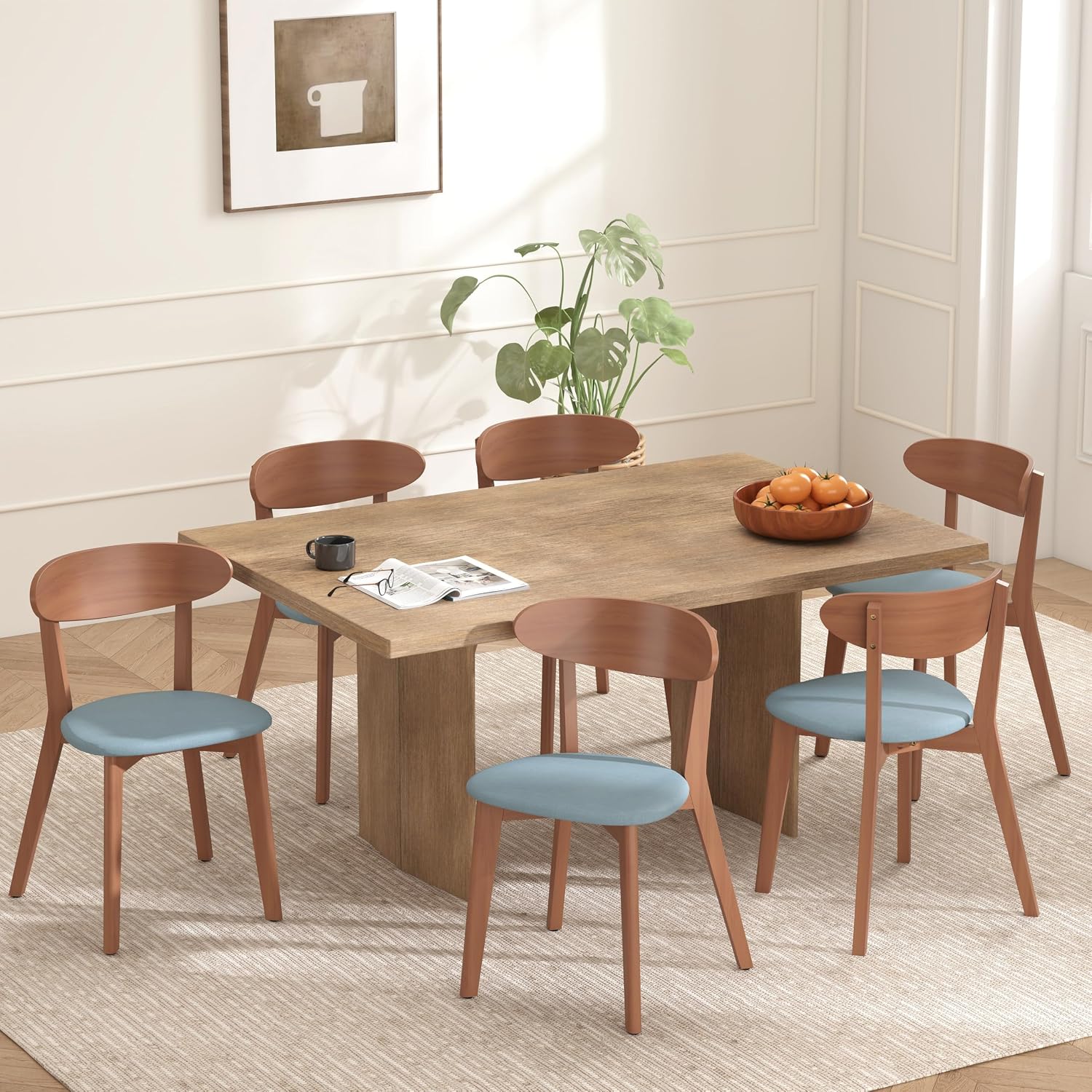 weselon Dining Chairs Set of 4, Solid Wood Dining Chair Armless, Mid-Century Modern Upholstered Linen Seat Cushion Dining Room Chair for Home Kitchen Dining Room Restaurant (Walnut, 4)