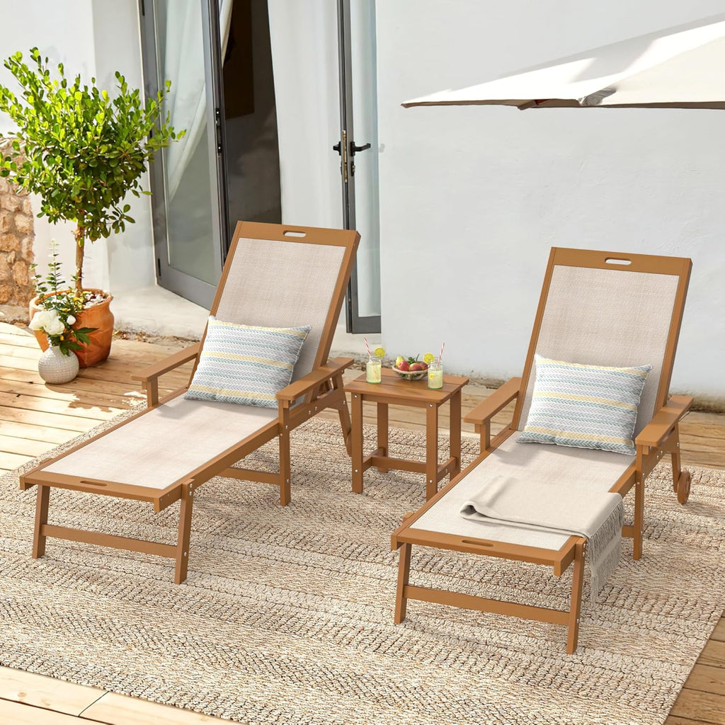 LUE BONA Chaise Lounge Chair Outdoor Set of 2, HDPS and HDPE Wicker Chaise Lounger with 5 Positions, Pool Lounge Chairs with Wheels and Adjustable Backrest for Patio, Poolside, Deck, Backyard