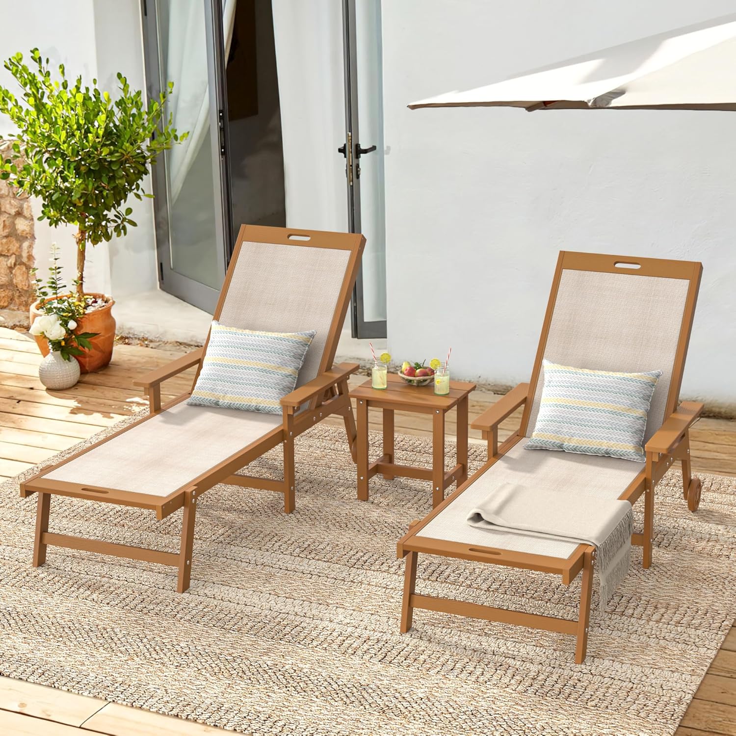 LUE BONA Chaise Lounge Chair Outdoor Set of 2, HDPS and HDPE Wicker Chaise Lounger with 5 Positions, Pool Lounge Chairs with Wheels and Adjustable Backrest for Patio, Poolside, Deck, Backyard