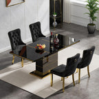 70 Inch Black High Gloss Dining Table, Modern Dining Room Table with Stainless Steel Polished Gold-Plated Bar, Luxurious Kitchen Table for Kitchen Living Room Dining Room