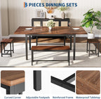 GarveeHome 5-Piece Dining Table Set for 4-8 People, 63 in Large Extendable Kitchen Table Set with 2 Benches and 2 Square Stools, Modern Dining Room Furniture Sets, Easy Assembly, Espresso