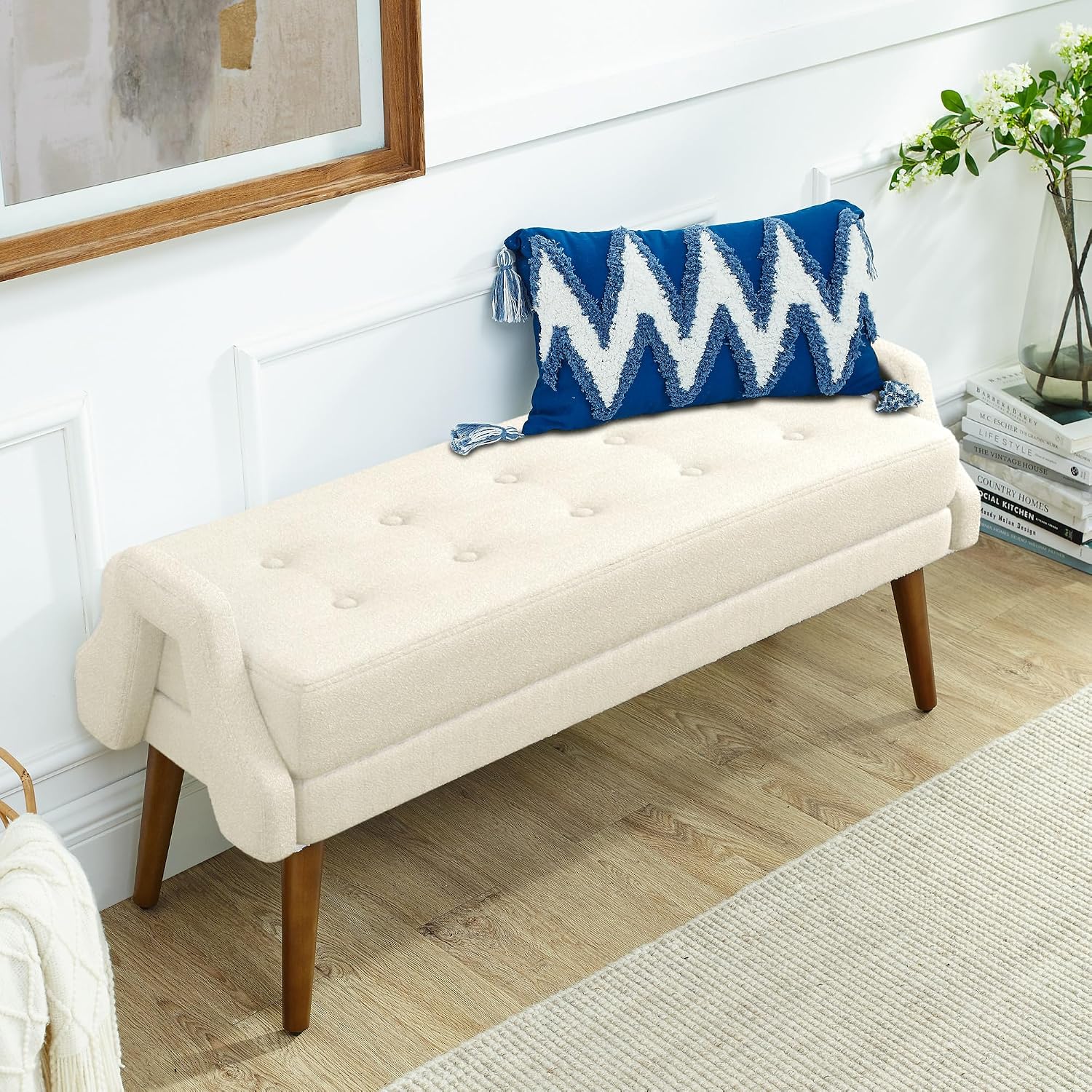 Modern Living Room Bench, Made of Looped Yarn Fabric, with Soft Cushion, Irregular Geometric armrests, and Rubber Wooden Legs, Suitable for Living Rooms, bedrooms, and entrances-Beige RR