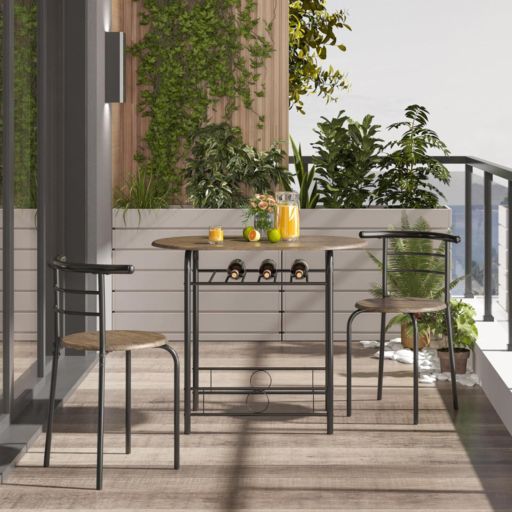 Yaheetech 3 Piece Dining Table Set, Kitchen Table & Chair Sets for 2, Compact Bistro Table Set with Steel Legs, Built-in Wine Rack for Small Space, Apartment, Breakfast Nook, Drift Brown