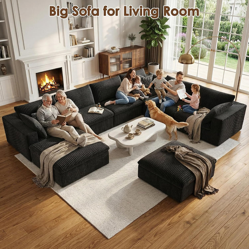 157.6" Cloud Couch Oversized Modular Sectional Sofa, Boneless U-Shaped 8 Seater Deep Seat Couch with Ottoman, Soft Corduroy Upholstery, DIY Combination for Living Room, No Assembly Required, Black