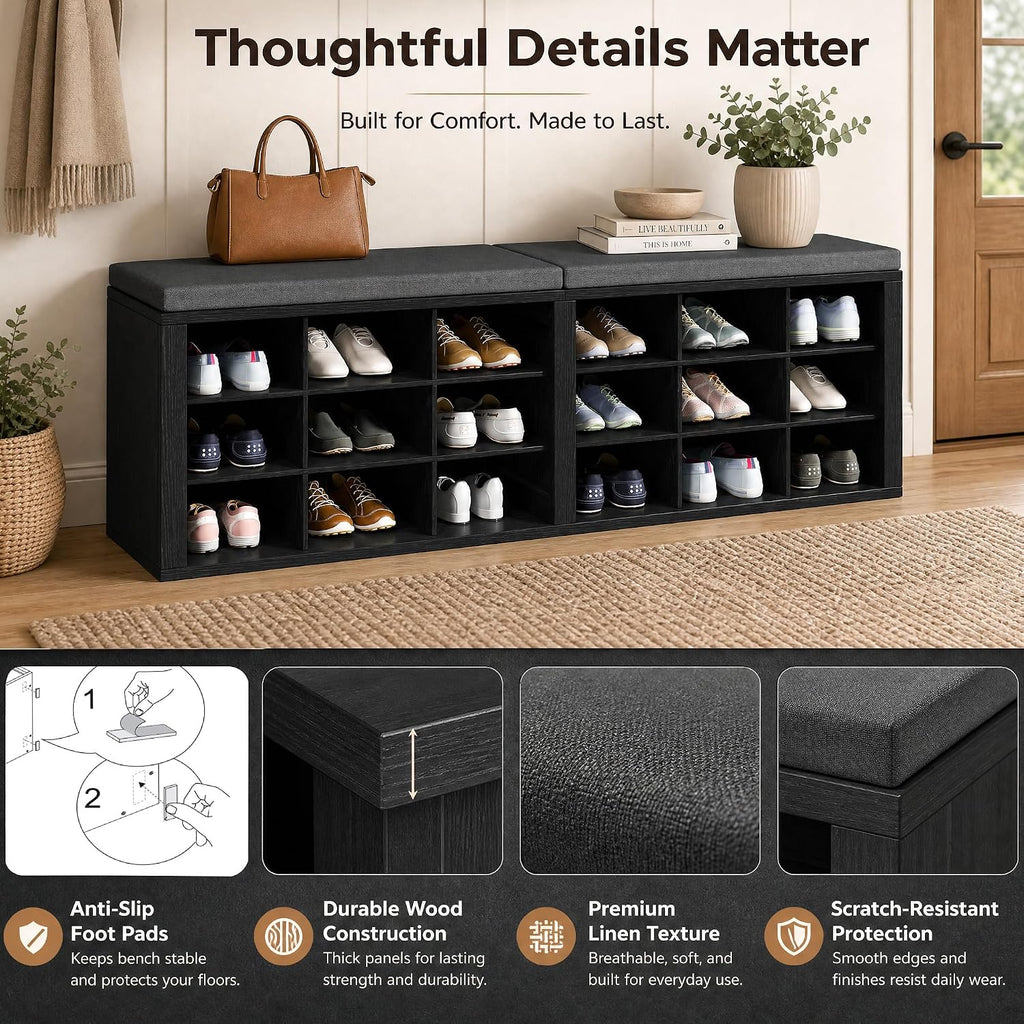 Shoe Storage Bench with Padded Seat, 18-Cubby Shoe Organizer for Entryway, 59.1" Long 700 lb Capacity, for Living Room, Bedroom, Hallway (Blackboard with Dark Gray, Linen, Sponge)